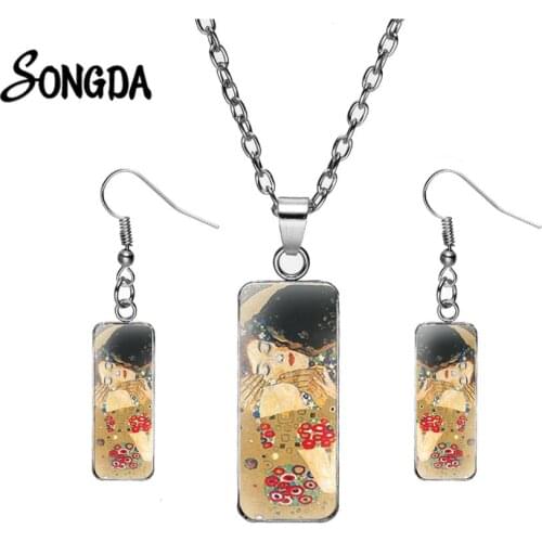 Classical Artist Gustav Klimt Kiss Abstrac Painting Jewelry Sets Modern Art Picture Rectangle Necklace Earrings for Women Girls