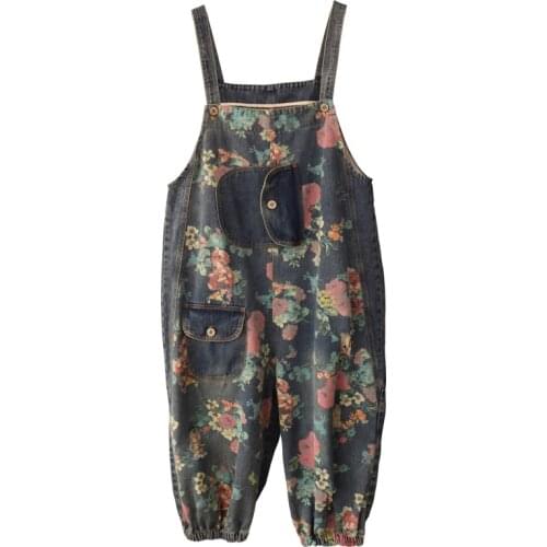 Wide Leg Jumpsuits Women Baggy Print Denim Overalls New Loose Patchwork Pocket Jean Rompers Suspenders cowboy Harem Trousers
