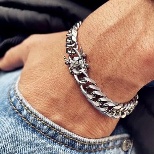 MYLONGINGCHARM Men Buckle Wristband Punk Bracelet 11.5mm wide Stainless steel Cuban Chain