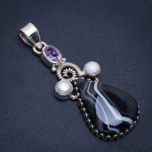 Natural Botswana Agate,River Pearl and Amethyst Handmade Unique 925 Sterling Silver Pendant 2" B3390