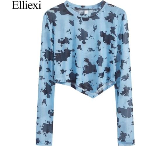 Elliexi Autumn Long Sleeve Irregular T Shirt Women Sexy Slim Tie Dyed Vintage Printed transparent Tee Shirt 2021 New