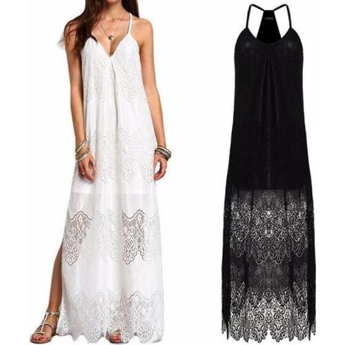 Vestido Long Lace Dresses Women Summer Beach Wear White Deep V Neck Split Slip Sleeveless Maxi Dress Plus Size 5XL