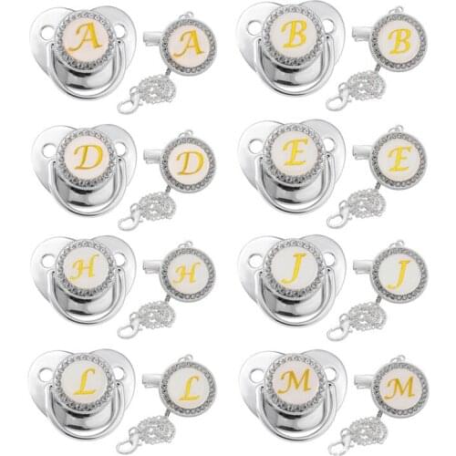 Transparent Initial Letter A Bling Bling Baby Pacifier with Chain Clip Newborn BPA Free Dummy Soother Chupete