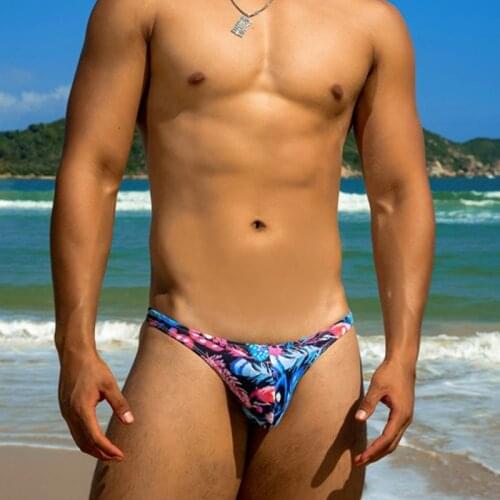 Sexy low waist printed men swimwear tight bikini swimsuits 2020 hot gay men brief swim trunks different penis pouch size QT524