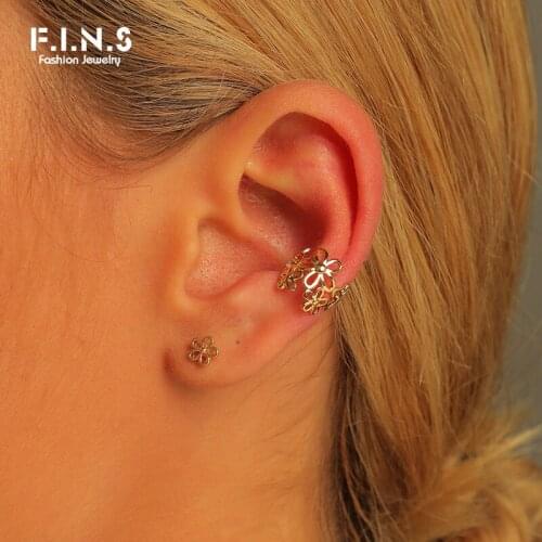 F.I.N.S 2 Pcs/Set 2021 Spring Summer Hollow Out Flower Floral Cuff Cartilage Earring Stud Set Metal Fashion Jewelry for Women