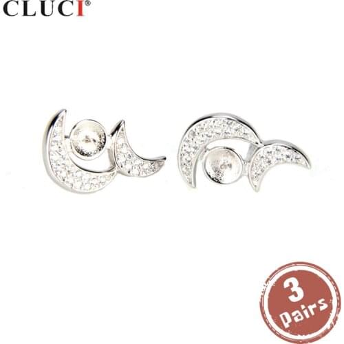 CLUCI 3 pair 925 Sterling Silver Double Moon Earrings For Women Pearl Earrings Mounting Silver 925 Stud Earrings SE043SB