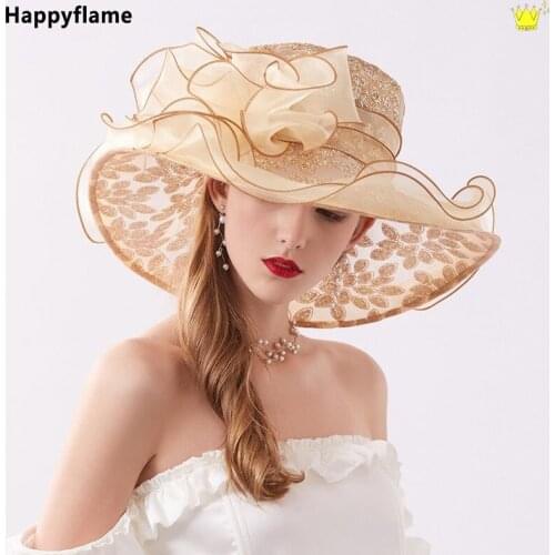 New Flower Sequins Organza Sun Hat Wide Brim Church Dress Wedding Party Beach Hat Women Travel All-match Breathable Foldable Hat
