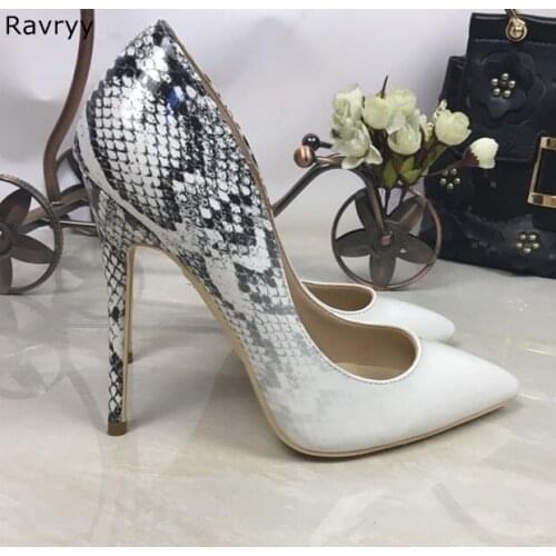 White Black snakeskin Sexy Pumps 2018 Woman high heel Pointed Toe 10/12CM female stiletto heels OL out fits party dress shoes