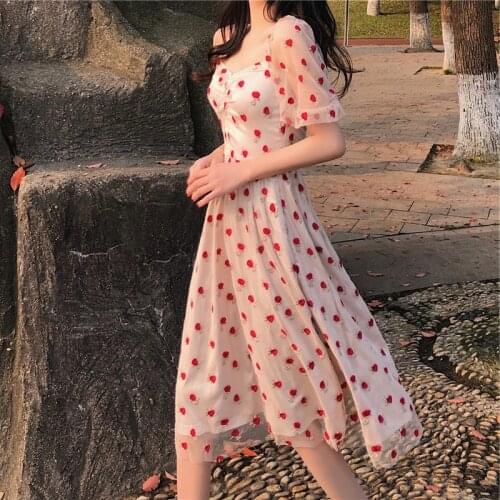 Vintage Elegant Point Lace Korean Party Dresses Lady Short Sleeve France Dress for Women Female A-line High Waist Vestidos 2021