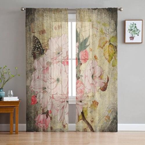 Cherry Blossom Butterfly Retro Sheer Curtains for Living Room Bedroom Kitchen Tulle for Windows Voile Drapes Home Decoration