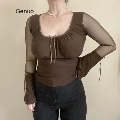 Women flare full sleeve tshirt slim elegant slim mesh patchwork transparent high street vintage T shirt femme tops