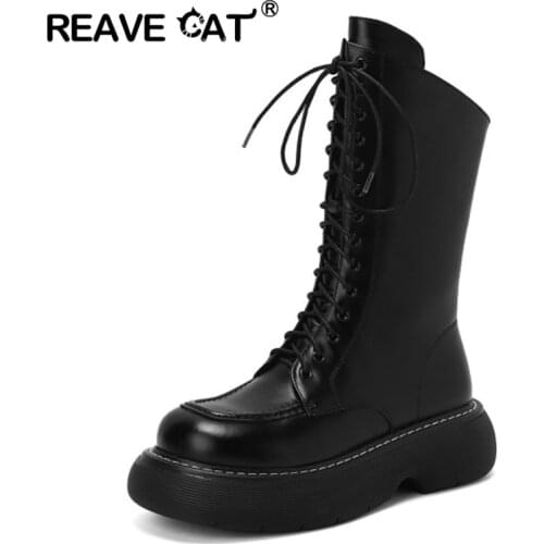 Genuine Leather Lace-up Round Toe Waterproof 5.5CM Platform Shoes Autumn Winter Women Boots Leisure Fashion Ankle Boots S2377