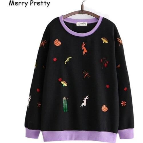 Merry Pretty Cotton Women Cartoon Embroidery Patchwork Hoodies Sweatshirts 2020 Winter Long Sleeve O-Neck Sweet Style Pullovers