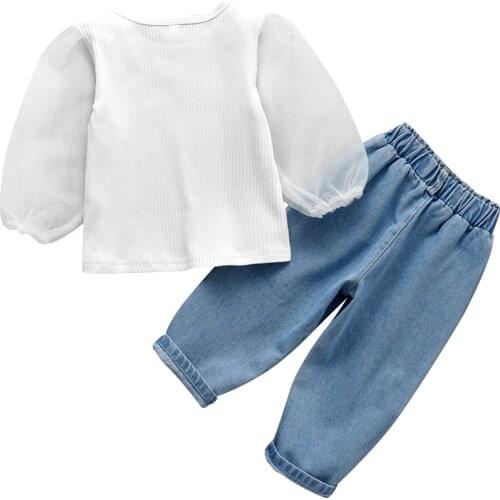 1-6Y Toddler Kids Girl Clothes Sets Mesh Puff Long Sleeve Pullover Solid Tops Denim Pant 2PCS