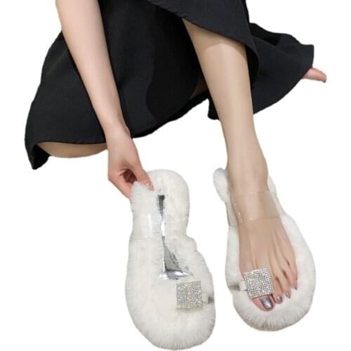Womens Summer Casual Fur Fluffy Slippers Flat Non-Slip Solid Rabbit Fur Slippers Large Size Shoes Fur Sandals