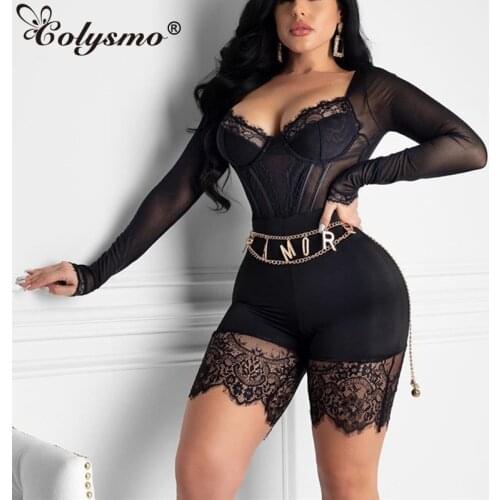 Colysmo Floral Lace Sexy Playsuit Women Black Long Sleeve See Through Zipper Bodycon Romper Party Jumpsuit Lady Skinny Playsuits