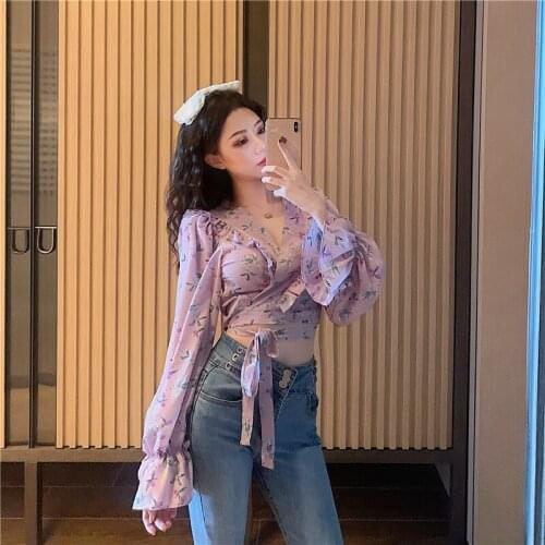 V-neck print chiffon tops sexy club crop top long sleeve shirts woman Designer fashion brand autumn style Slim Blouses new