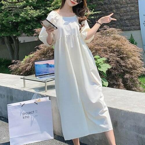 2021 Korean Womens Puff Sleeve White Dress New Summer Maxi Dress Plus Size Fashion Women Casual Loose Dress Vestidos 15354