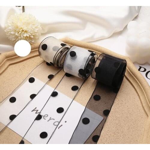 2m/lot 40mm Flocking Black Dot Chiffon Ribbon Big Bow Knot Material For Hair Ornament Gift Wrapping Decoration Lace Ribbons