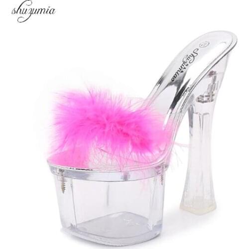 3 Color 2019 Feather Shoes Woman Platform Slippers Summer Sandals Slides Wedding shoe Nightclub Sexy 17.5cm High-heeled Shoes