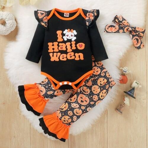 3Pcs Halloween Outfits Baby Girl Clothes Long Sleeves Ruffle Romper + Pumpkin Flare Trousers + Headband for 0-18 Months