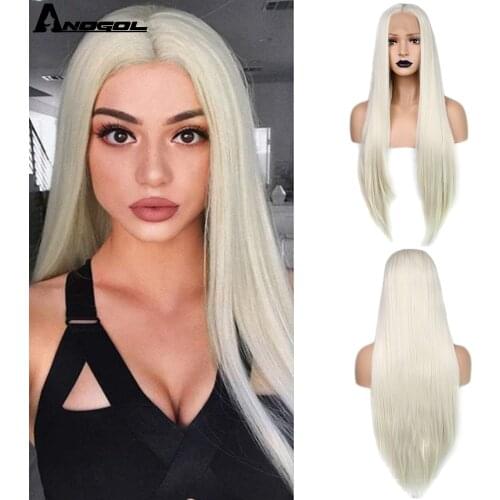 Anogol Long Natural Straight White Blonde Glueless High Temperature Fiber Middle Part Synthetic Lace Front Wig For Women