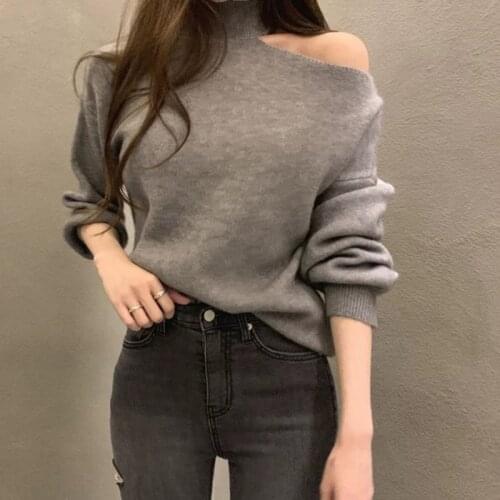 AOSSVIAO 2021 Autumn Winter Women Turtleneck Sweater Oversize Warm Pullovers Sweater Long Sleeve Off Shoulder Loose Jumper