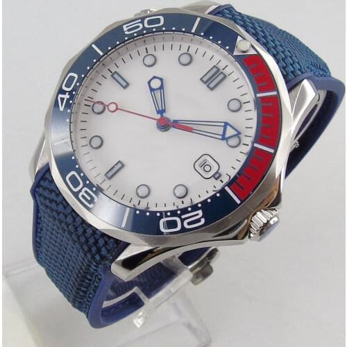 Automatic Mens Watch White Dial MIYOTA 8215 Ceramic Bezel Date Rubber Screw Crown Sapphire Crystal