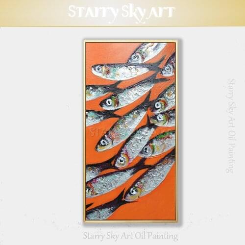 Unframed Handmade High Quality Abstract Modern Fishes Oil Painting on Canvas Funny Wall Art Fishes Acrylic Painting for Kitchen