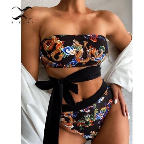 High waist bikinis 2020 woman Sexy dragon print swimsuit female Bandeau swimwear women Strapless swim suit bathing suit bathers