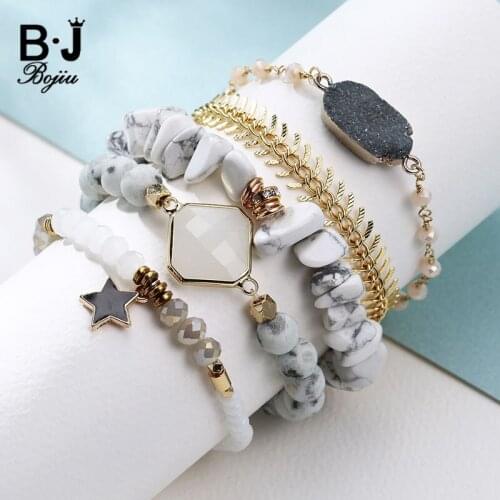 Bojiu 5PCS/SET Black Star Pendant White Howlite Chips Elastic Bracelet Gold fish Bone Chain Natural Grey Druzy Bracelets BCSET31