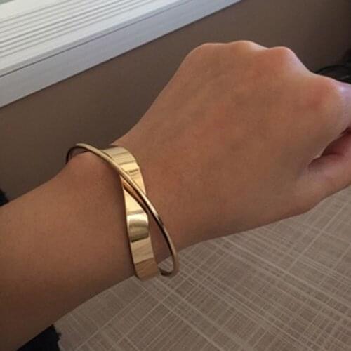 Korean Glossy Double Layer Simple Metal Crossed Opening Bangle Geometric Irregular Women Fashion Twisted Bracelet Jewelry Gifts