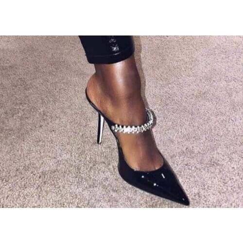 Dipsloot Woman Sexy Black White Pointed Toe Patent Leather Diamond Pumps Ladys Slip On Stiletto Heels Slippers Party Pumps