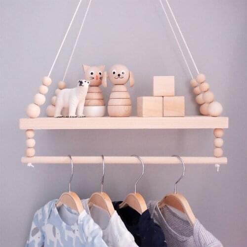 Double Layer Wooden Bead Shelf Nordic Style Decorative Storage Rack Hanging Storage Organizer Wall Shelf For Children Room Decor