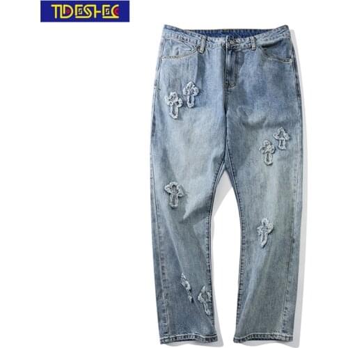 Men Fashion High Street Trousers Embroidery Cross Jeans Men/women Streetwear Loose Hiphop Casual Trousers Men Clothing 2021
