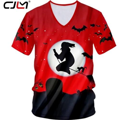CJLM White Moon Halloween 3D Printed Man T Shirt Broom Witch and Bat The New Listing Mens Short Sleeve V Neck Tshirt
