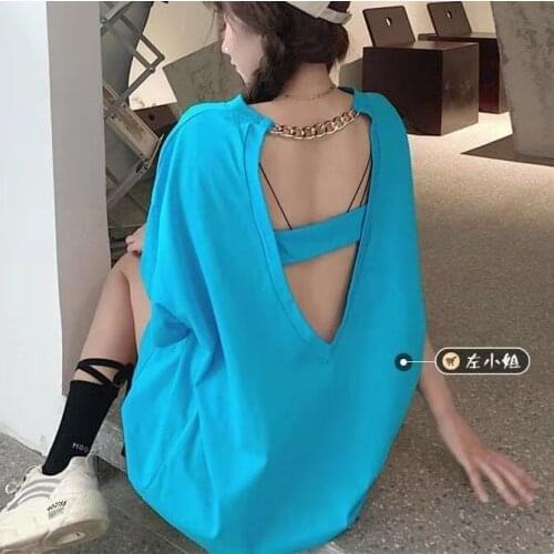 Hollow back short-sleeved t-shirt female design sense minority Korean version loose mid-length summer blue top Regular