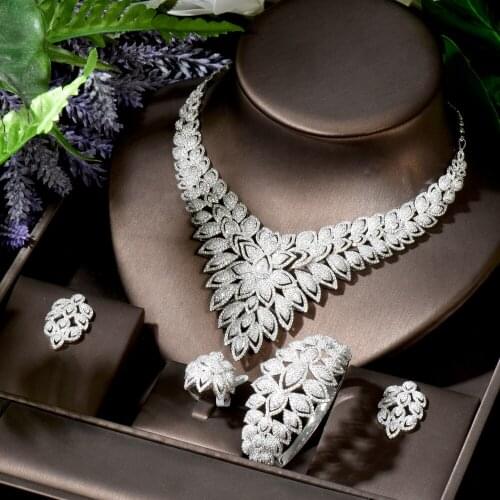 HIBRIDE High Quality Cubic Zirconia Leaf Bridal Jewelry Earrings Necklace Set for Women Wedding Dinner Party Accessories N-1798