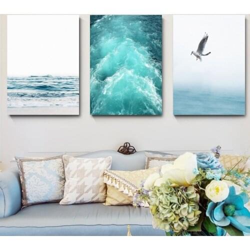 Blue Sea And Sky Nordic Landscape Canvas Painting Free Seagull Waves Beach Art Poster Living Room Decor Seabirds Wall