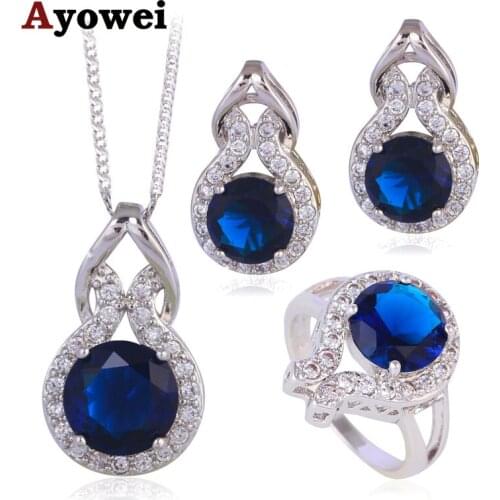 Summer Style Saphire Blue Zircon Silver Stamped Zirconia Fashion Jewelry Set Wedding Crystal Earrings Necklace Ring JS628A