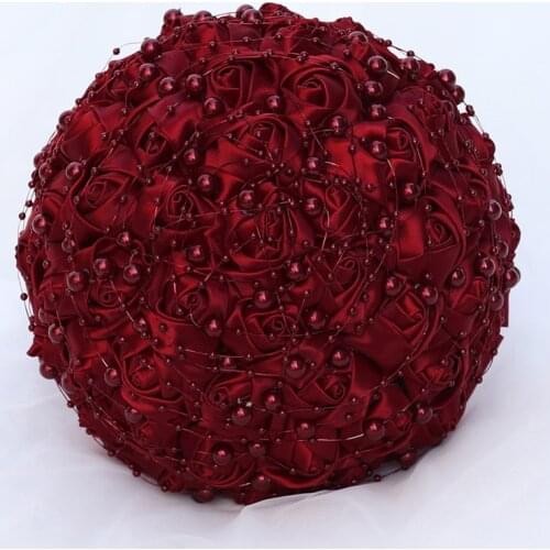 Marfim Grass Green Satin Roses Bride Holding Flowers Wedding buque de novia Pearl Beaded Bridal Bouquet de mariage W3018