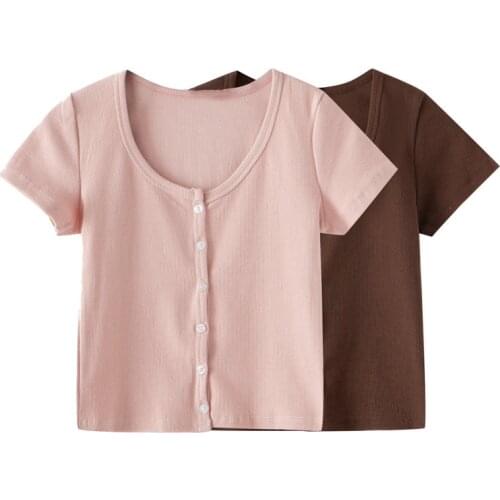 PUWD Sweet Girls O Neck Short Sleeve Knitted Shirts 2021 Summer Fashion Ladies Single Breasted Knitwear Vintage Women Chic Tops