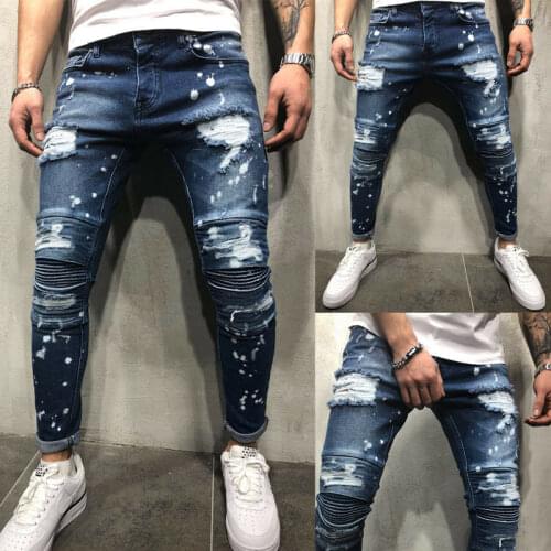 Fashion Mens Skinny Frayed Denim Ripped Pants Men Casual Pants