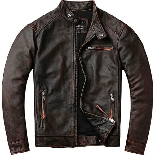 Genuine Retro Brown Mens Leather Jacket Cowhide Motorcycle Leather Jacket Stand-up Collar Leather Jacket Casual Clothing Coat