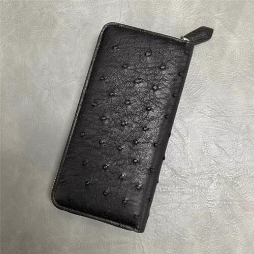 Authentic Exotic Real True Ostrich Skin Mens Long Wallet Genuine Leather Zipper Closure Male Large Card Holders Clutch Purse