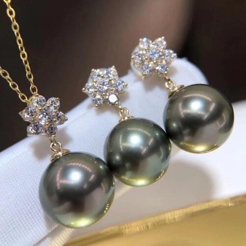D919 Pearl Set Fine Jewelry Solid 18K Gold Round 10-12mm Nature Sea Water Tahiti Pearls Jewelry Sets for Women Presents