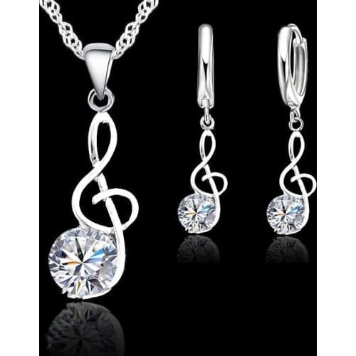 Musical Notes Jewelry Sets 925 Sterling Silver Cubic Zirconia Symbols Pendant Necklaces Hoop Earrings Sets For Women