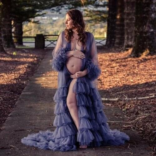 Purple Maternity Dress for Photoshoot Tulle Bathrobe Sexy Sheer Full Sleeve Prom Dress vestido de fiesta abiye kaftan