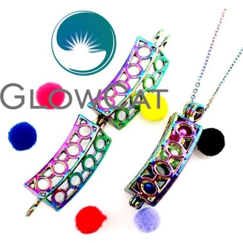 R-C236 Rainbow Color Geometry Cubiod Beads Cage Pendant Aromatherapy Perfume Diffuser Pearl Cage Locket Necklace