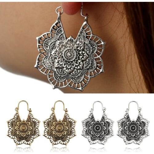 Vintage Ethnic Earring Geometric Antique Silver Color Gold Hollow Flower Drop Earring Statement Jewelry For Women Girls
